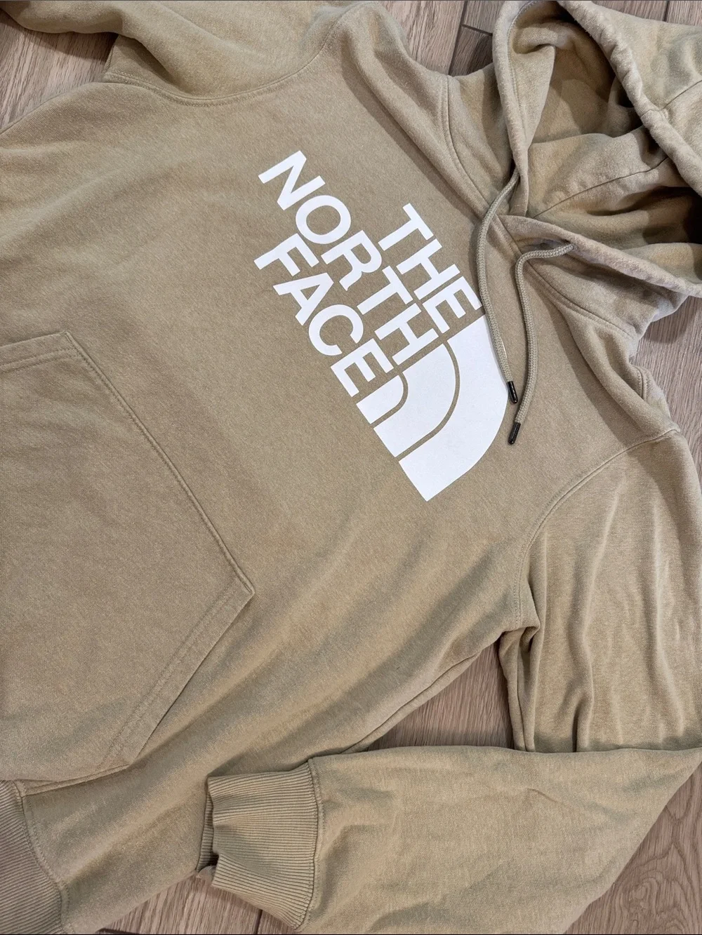 The North Face Logo Pull Over Hooded Sweatshirt Tan White mens size M hike